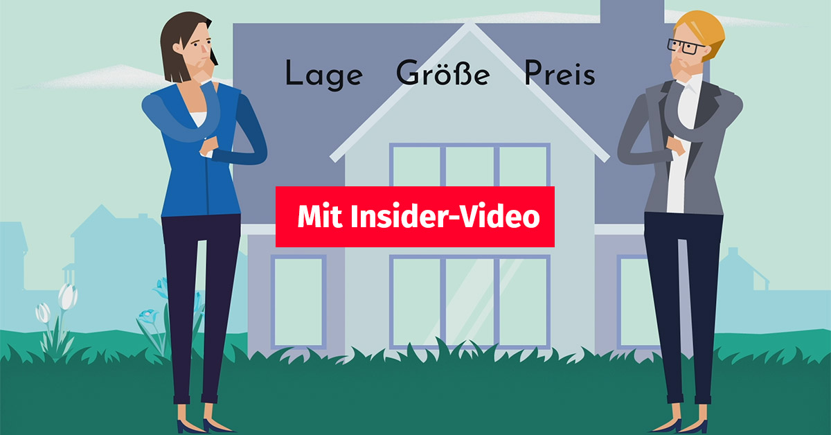 Illustration: Zwei Frauen stehen vor einem Haus und überlegen, wie sie es am besten für den Immobilienverkauf präsentieren, darüber steht "Lage, Größe, Preis", in der Mitte befindet sich ein Button auf dem steht "Mit Insider-Video" | Home Staging