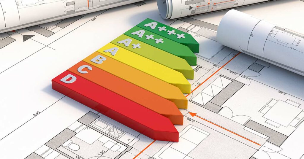 Eine Skala für Energieverbrauch auf einer Zeichnung von Grundrissen - Energetisch Sanieren