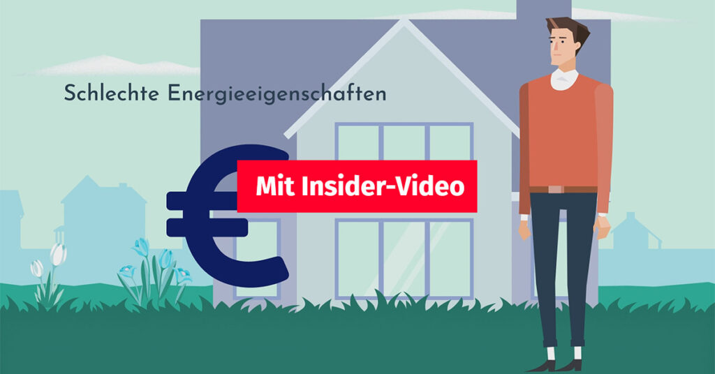 Animation: Ein Mann steht vor einem Haus und überlegt, wie er den Wert seiner Immobilie erhalten kann, neben ihm steht ein große Euro-Zeichen, und im Vordergrund steht ein Button mit "Mit Insider-Video" | Werterhalt durch Energieeffizienz
