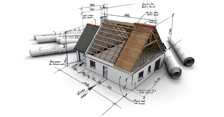 auf einer Grundrisszeichnung steht ein Modellhaus, daran befinden sich Skizzen und Notizen, im Hintergrund liegen weitere Baupläne | Haus bauen oder Haus kaufen