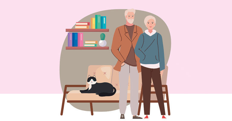 Illustration, zwei Senioren stehen in ihrem Wohnzimmer vor einem Sofa, auf dem eine Katze liegt, einem Regal an der Wand und sind froh über ihren altersgerechten Umbau | Altersgerechter Umbau