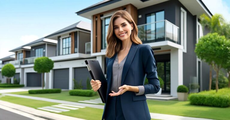 Eine Immobilienmaklerin steht vor einem modernen Einfamilienhaus, das zum Verkauf angeboten wird, und lädt Interessenten zur Besichtigung ein | Warum Immobilienmakler