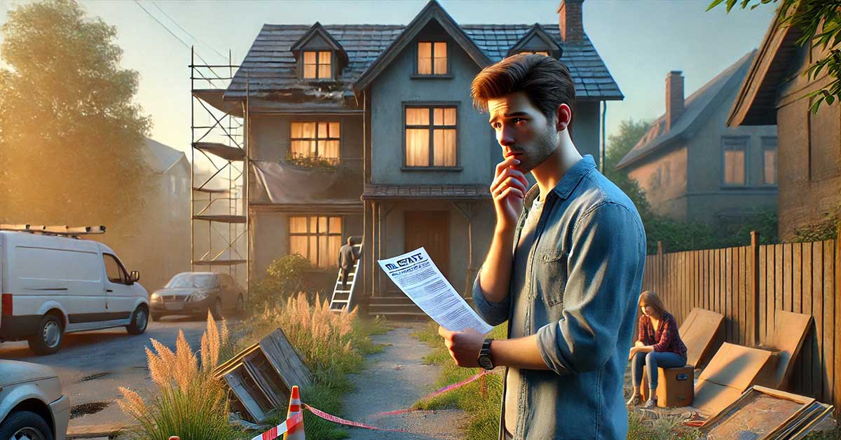 ein Mann ratlos vor einem Haus, der einen Vertrag oder Exposé für Immobilie in der Hand hält