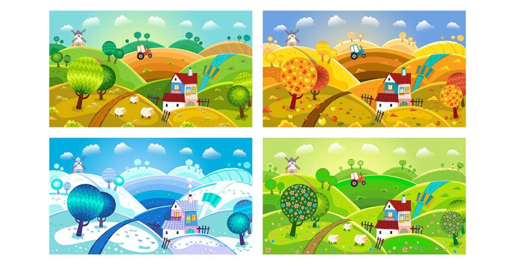 Illustration einer Landschaft mit Bauernhaus in den vier Jahreszeiten Frühling, Sommer, Herbst und Winter | Immobilienverkauf
