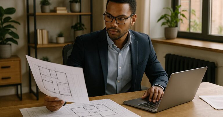 Ein Selbständiger sitzt in seinem Homeoffice am Schreibtisch und checkt Finanzierungs- und Immobilienunterlagen auf Papier und am Laptop | Immobilienfinanzierung