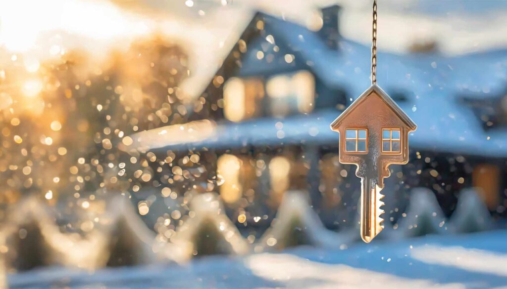 Ein verkaufsfertiges Haus in einer weihnachtlich, winterlichen Landschaft. Wohnungsschlüssel