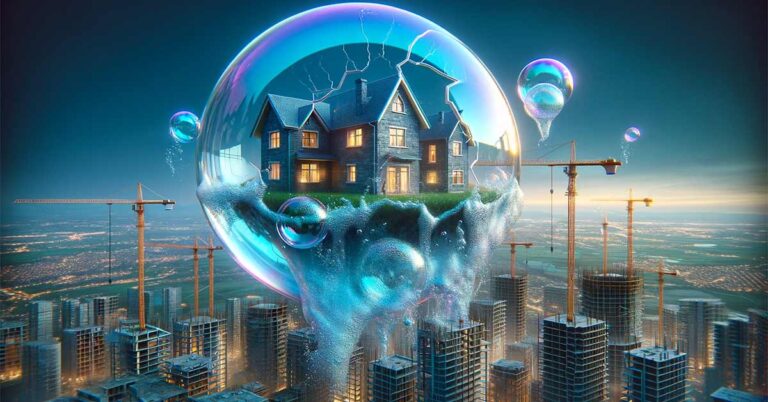 Über Baustellen von Wohnungsneubau schwebt eine Immobilie in einer Seifenblase, der Himmel ist dunkel, die Blase droht zu platzen | Immobilienblase