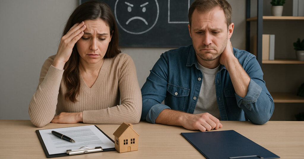 ein unglückliches Paar mit Kaufvertrag für Haus