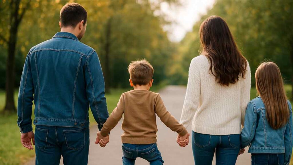 Eine glückliche Familie geht spazieren, als Symbolbild dafür, dass sie den Sprung vom Wohnen zur Miete zum Eigenheim geschafft hat | Kaufen statt Mieten