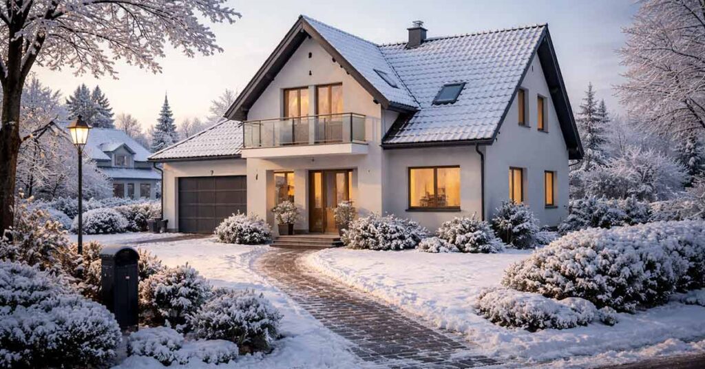 Ein Einfamilienhaus im Schnee als Symbolbild für den Immobilienverkauf im Winter | Immobilienverkauf