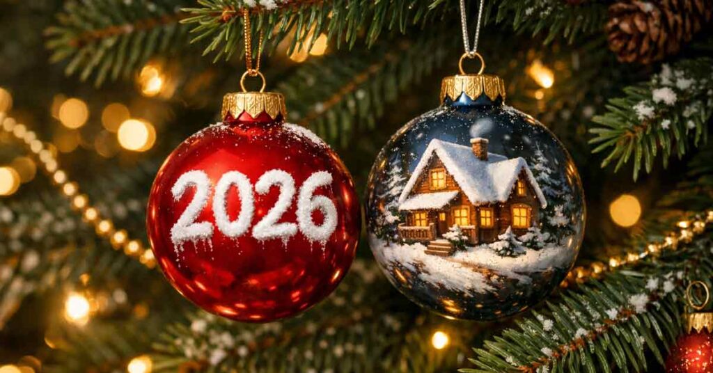 Zwei Christbaumkugeln am Tannenbaum: eine rote Kugel mit der Aufschrift „2026“ und eine Kugel mit verschneitem Hausmotiv – Symbolbild für Immobilienkauf, Finanzierung und Eigenheim-Träume 2026. | Immobilienkauf