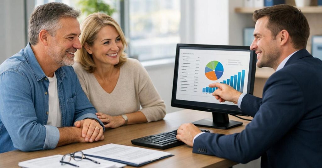 Finanzierungsberater erklärt einem Paar am Schreibtisch anhand von Diagrammen auf dem Bildschirm die finanziellen Möglichkeiten beim Hausverkauf trotz laufender Immobilienfinanzierung. | Immobilienverkauf