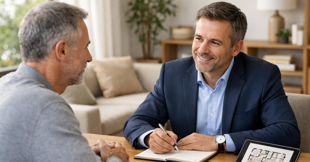 Fotorealistische Beratungsszene in einem modernen, hellen Büro oder Wohnraum. Ein professioneller Immobilienmakler sitzt einem privaten Immobilieneigentümer gegenüber. Beide wirken ruhig, vertrauensvoll und im Gespräch vertieft. Auf dem Tisch liegen ein hochwertiges Immobilien-Exposé, ein Tablet mit Grundrissdarstellung und Notizen. Natürliches Tageslicht, warme Farben, aufgeräumte Umgebung. Realistischer Stil, hohe Bildqualität, dezente Tiefenschärfe. | Makleralleinauftrag