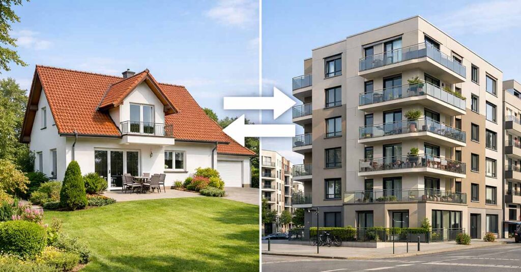 Zwei unterschiedliche Wohnhäuser stehen sich gegenüber: links ein gepflegtes 90er Jahre Einfamilienhaus im Grünen, rechts ein Mehrfamilienhaus in urbaner Umgebung in Deutschland. Zwischen den Häusern dezente, elegante Pfeile, die einen Tausch symbolisieren. Klare, helle Farbgebung, seriöser und hochwertiger Look, realistische Fotografie, weiches Tageslicht, aufgeräumte Komposition, professionelle Immobilien-Ästhetik | Immobilientausch