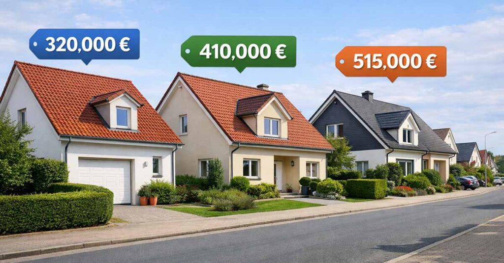 Eine europäische Vorstadtstraße mit mehreren ähnlichen Einfamilienhäusern in einer Reihe, über jedem Haus schwebt ein unterschiedliches Preisschild (320000 €, 410000 €, 515000 €), saubere moderne Nachbarschaft. Vergleichswertverfahren