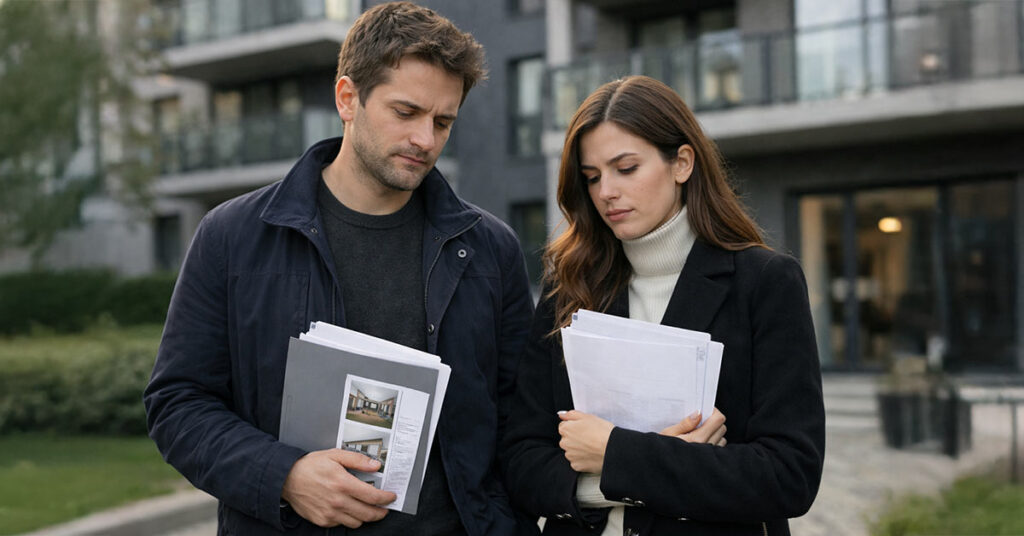 Ein Paar steht nach einer Wohnungsbesichtigung vor einem modernen Mehrfamilienhaus. In der Hand halten sie Unterlagen, ihre Mimik wirkt nachdenklich und leicht enttäuscht – als hätten sie gerade eine Chance verpasst. Finanzierungsbestätigung