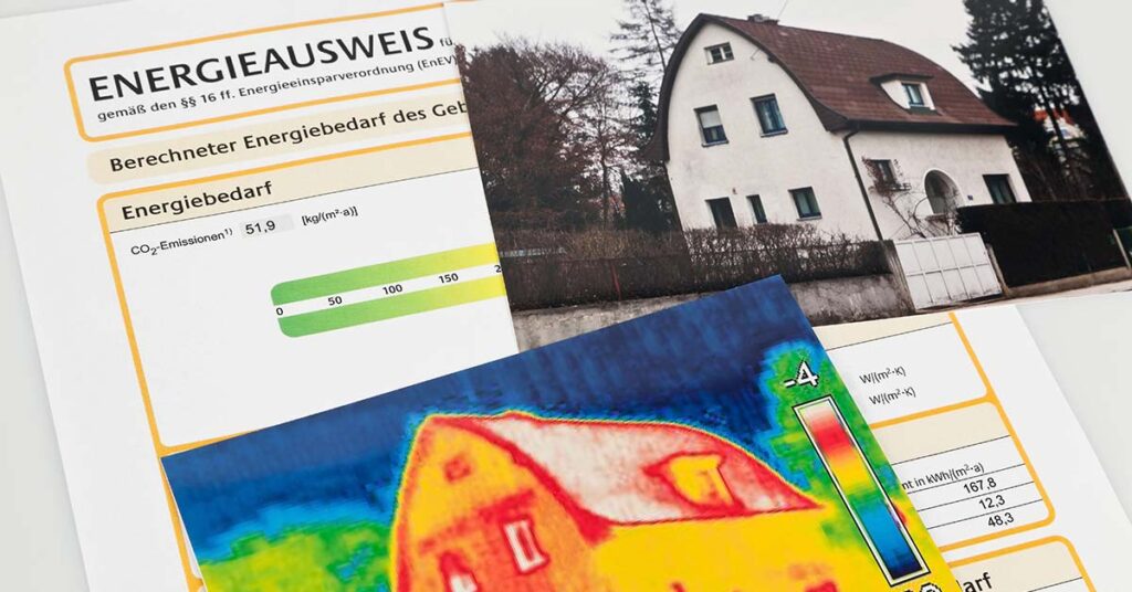Ein Energieausweis liegt neben zwei Bildern von Häusern. Das eine ist ein realistisches Foto, das andere stellt das Gebäude als Wärmebild dar.