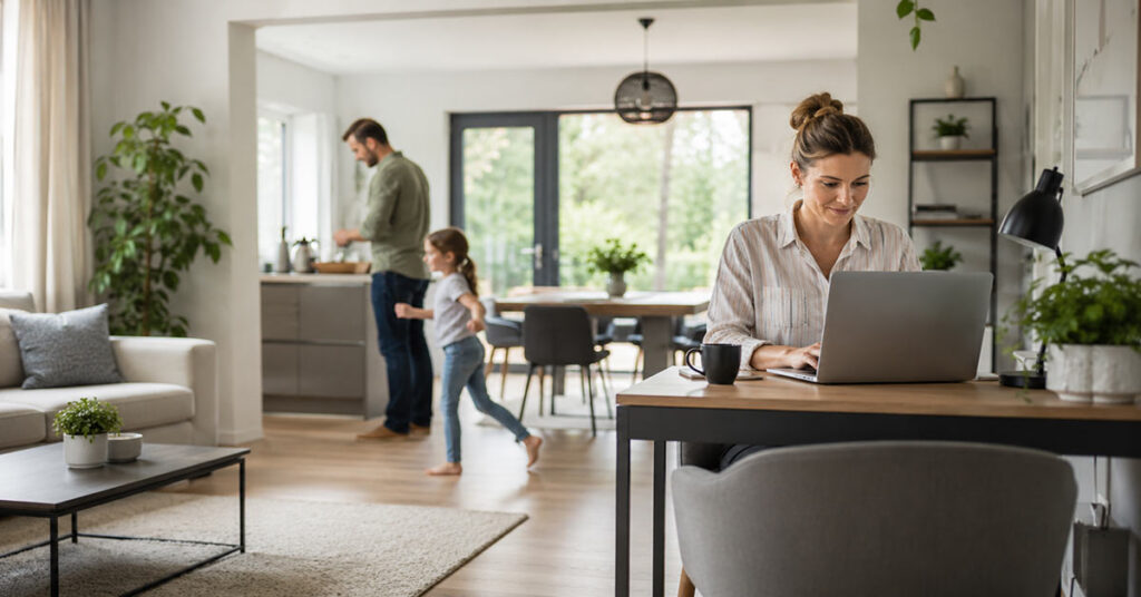 Familie in einem modernen Zuhause, während eine Frau am Laptop im Homeoffice arbeitet – Symbolbild zum Thema Homeoffice-Boom und veränderte Wohnbedürfnisse.
