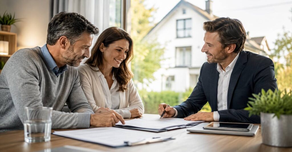Beratungsgespräch zur Versicherung beim Hauskauf mit einem Paar und einem Immobilienexperte.