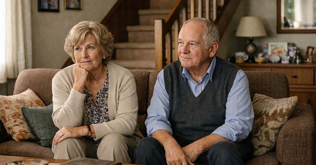 Ein älteres Ehepaar um die 65–75 Jahre sitzt nebeneinander in ihrem Wohnzimmer eines klassischen Einfamilienhauses aus den 1970er oder 1980er Jahren. Beide wirken ruhig, nachdenklich und leicht unsicher. Ihre Körperhaltung zeigt inneres Abwägen. Der Raum strahlt Geschichte und gelebtes Leben aus: Familienfotos an der Wand, alte Bilderrahmen, ein Regal mit Fotoalben. Im Hintergrund sichtbar: eine Holztreppe, die ins Obergeschoss führt. Die Treppe wirkt steil. Sie symbolisiert die kommende Herausforderung. Barrierefreier Umbau